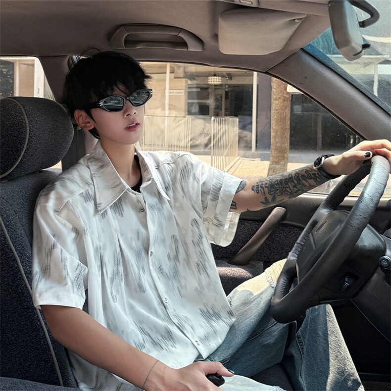 白色扎染翻领冰丝短袖衬衫男款夏季潮牌速干衬衣户外运动凉感外套,男装T恤,电商B319