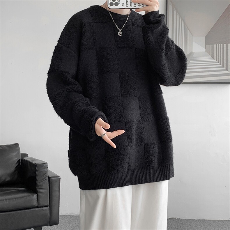 8XL-M特大码美式街头设计感毛巾绣格子毛衣男女情侣MY1204P50控68,男装针织衫/毛衣,电商D206-1