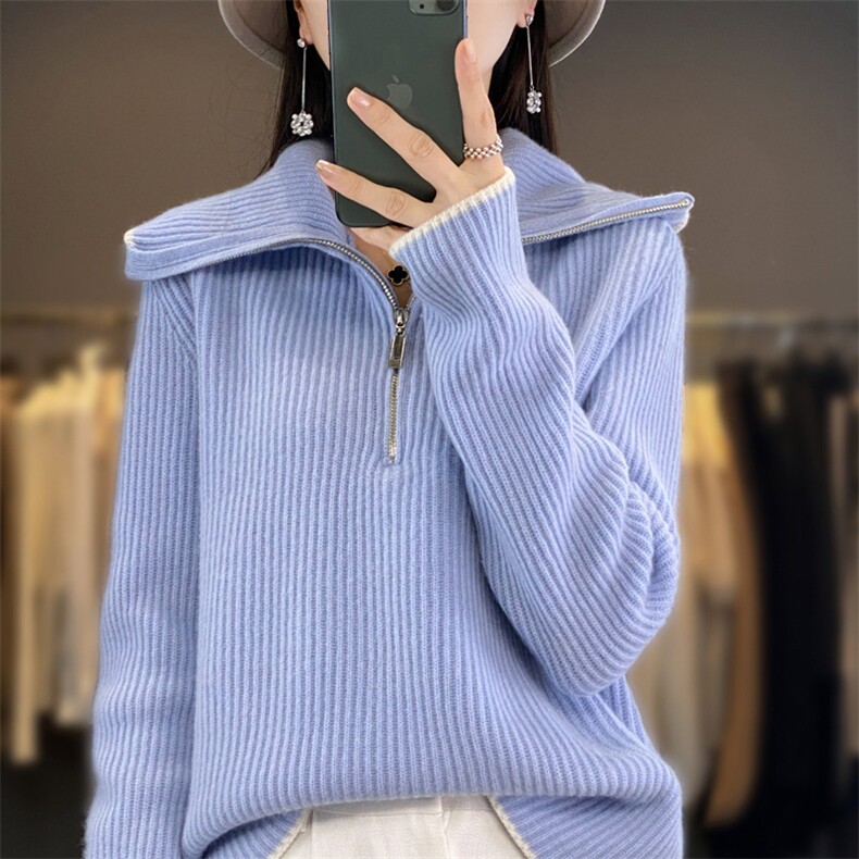2025年夏季宽松型半开领开衫单件长袖拉链羊毛衫时尚百搭,女装羊毛衫,春贝羊绒