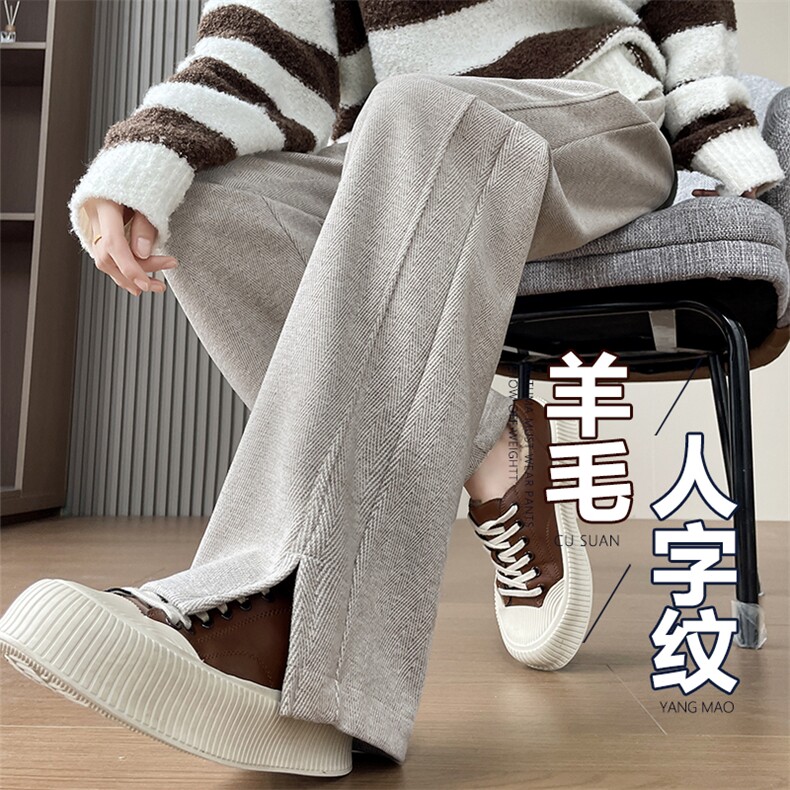 人字纹加厚加绒裤子女冬季新款高腰窄版直筒大码毛呢阔腿裤,女装休闲裤,云美莎专业女裤-全店现货