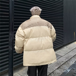 棉服男拼接pu皮短款棉袄外套男秋冬季宽松面包服美式棉衣图片