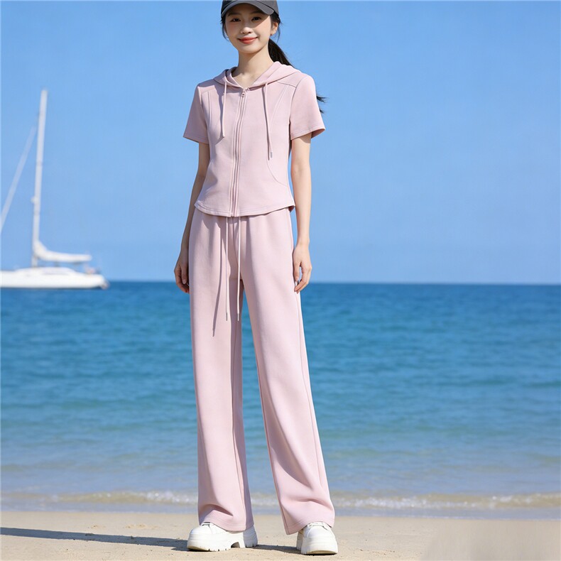 高级感欧货休闲显瘦套装女夏新款拉链抽绳开衫连帽上衣阔腿裤套装，女装套装/套裙，江南