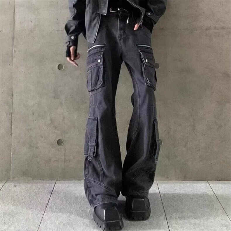美式高街深灰色直筒炮弹牛仔裤男女夏季设计感多口袋工装裤,男装牛仔裤,星座506A