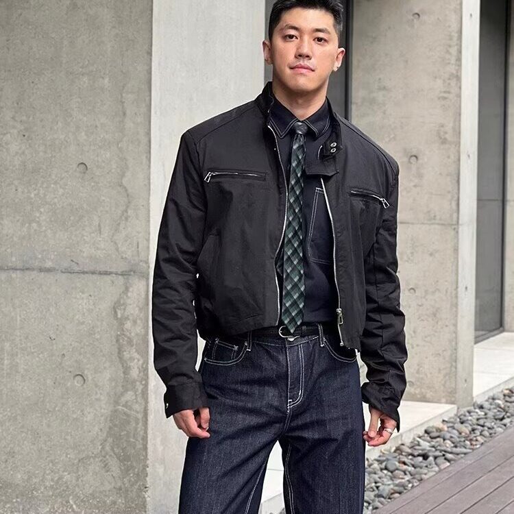 春秋新款韩版时髦高级复古拉链立领飞机夹克男士宽松短款垫肩外,男装夹克,星座506A
