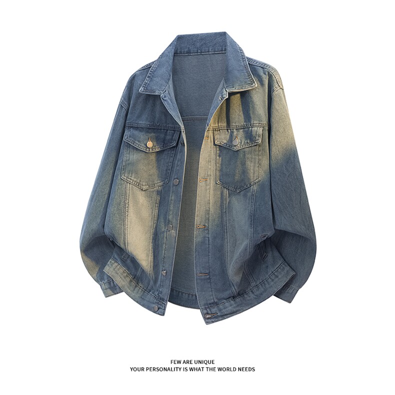 GENIOLAMODE美式复古宽松牛仔外套男士秋款怀旧黄泥染上衣夹克服，男装工装外套，电商A102