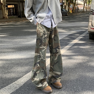 美式复古设计感迷彩工装裤多口袋宽松微喇直筒阔腿休闲裤图片