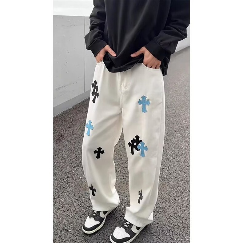 2025春季重工贴皮十字架刺绣阔腿牛仔裤男宽松轻奢长裤子NZR960,男装牛仔裤,星座516A