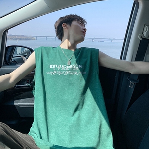 得物抖音品质240克宽松纯棉美式扎染做旧工艺坎肩背心印花无袖T恤图片