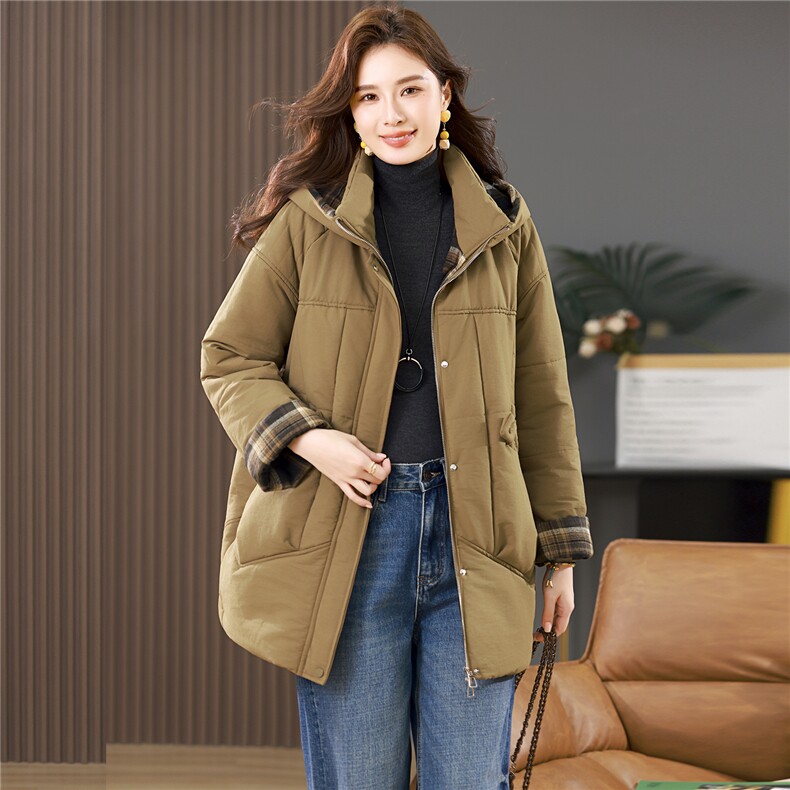 2025年冬季新款气质连帽保暖棉服中长款,女装棉衣/棉服,忆绮罗