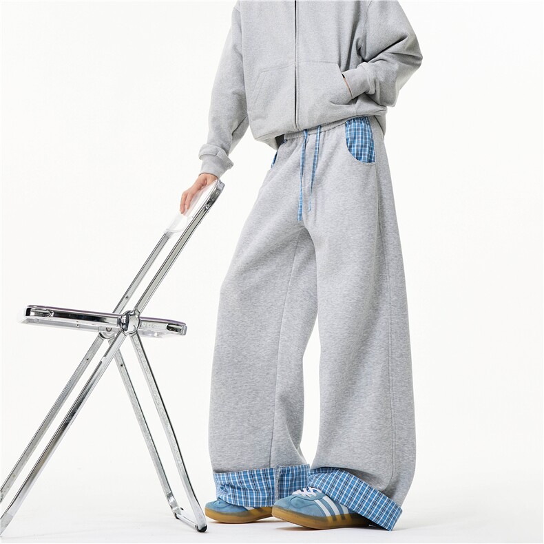 美式复古撞色格子拼接卫裤女男2025秋季bf松弛垂感显瘦阔腿休闲裤，男装休闲裤，电商B315