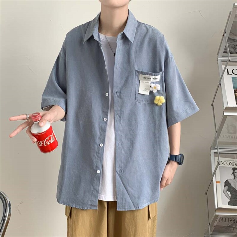 设计感小众衬衫男短袖ins带配饰衬衫夏季宽松休闲外套W887-P28,男装衬衫,星座512-2