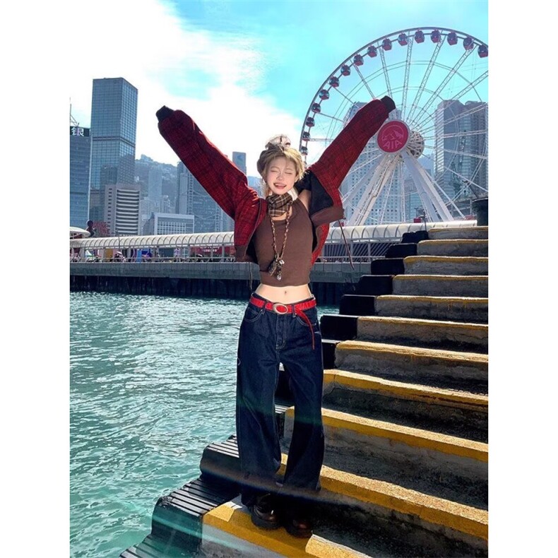 深蓝色花卉字母刺绣廓形牛仔裤潮牌男女小众设计感丹宁微喇直筒裤,男装牛仔裤,四季星座505