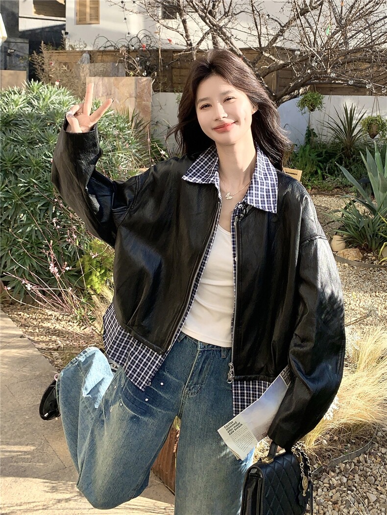 设计感假两件格纹拼接皮衣短外套女2026春季新款宽松休闲显瘦夹克,女装皮衣,艾米莉亚