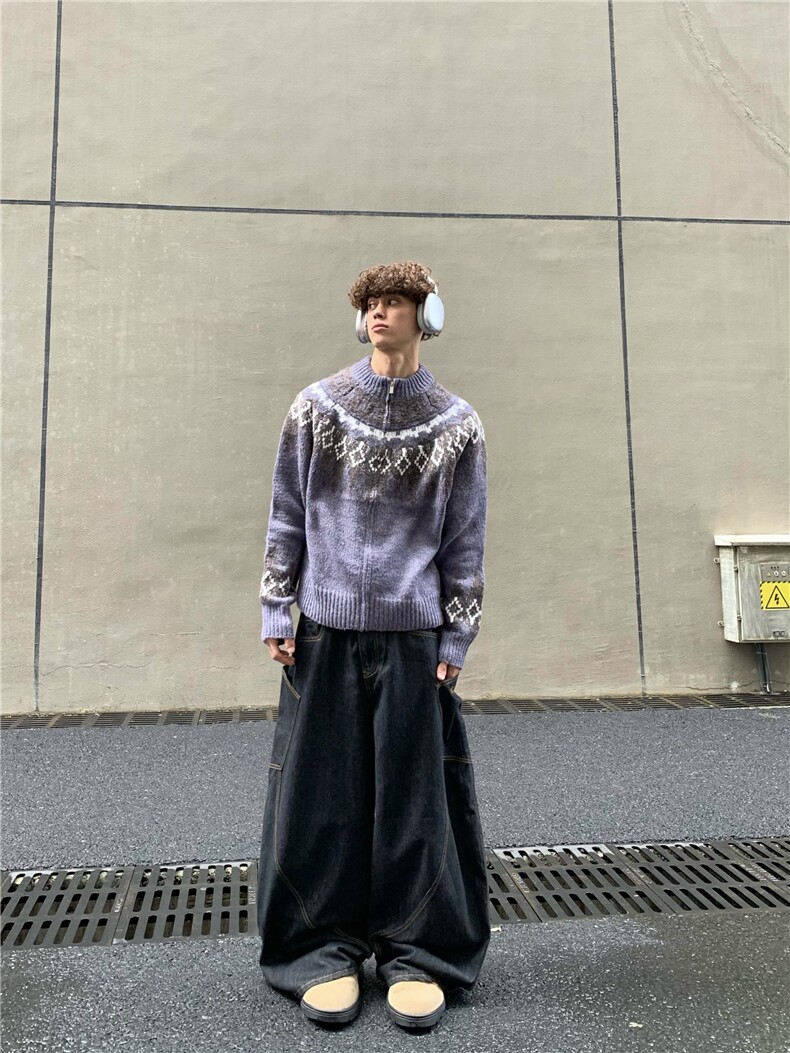 白菜coke美式复古花纹秋冬圆领双拉链立领针织衫毛衣开衫外套男女,男装针织衫/毛衣,星座218-1（原230）
