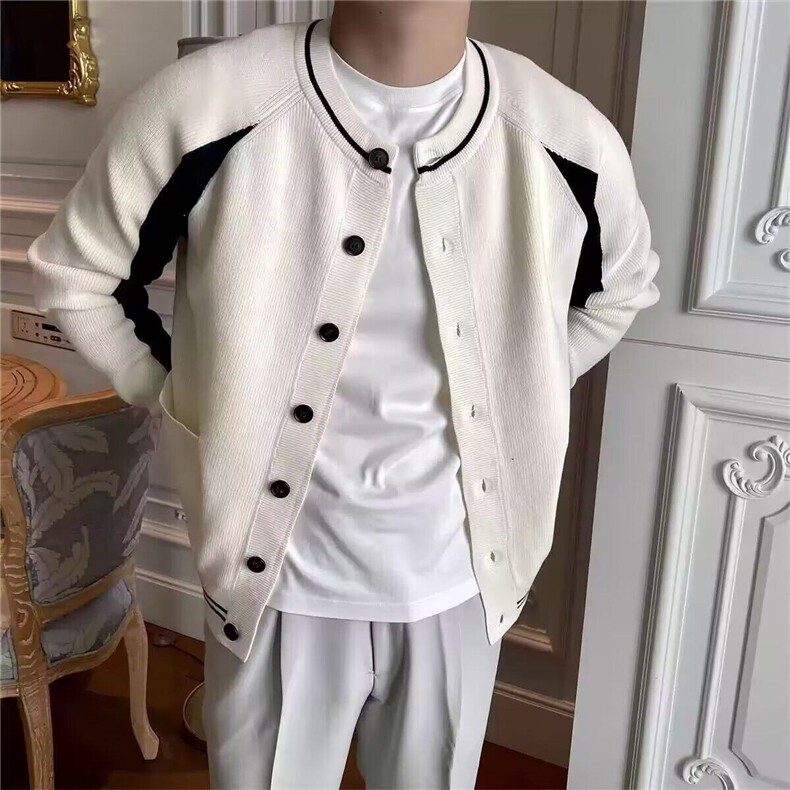 秋冬拼色针织开衫男士2024新款复古休闲轻熟撞色潮流圆领毛衣外套，男装针织衫/毛衣，星座506A