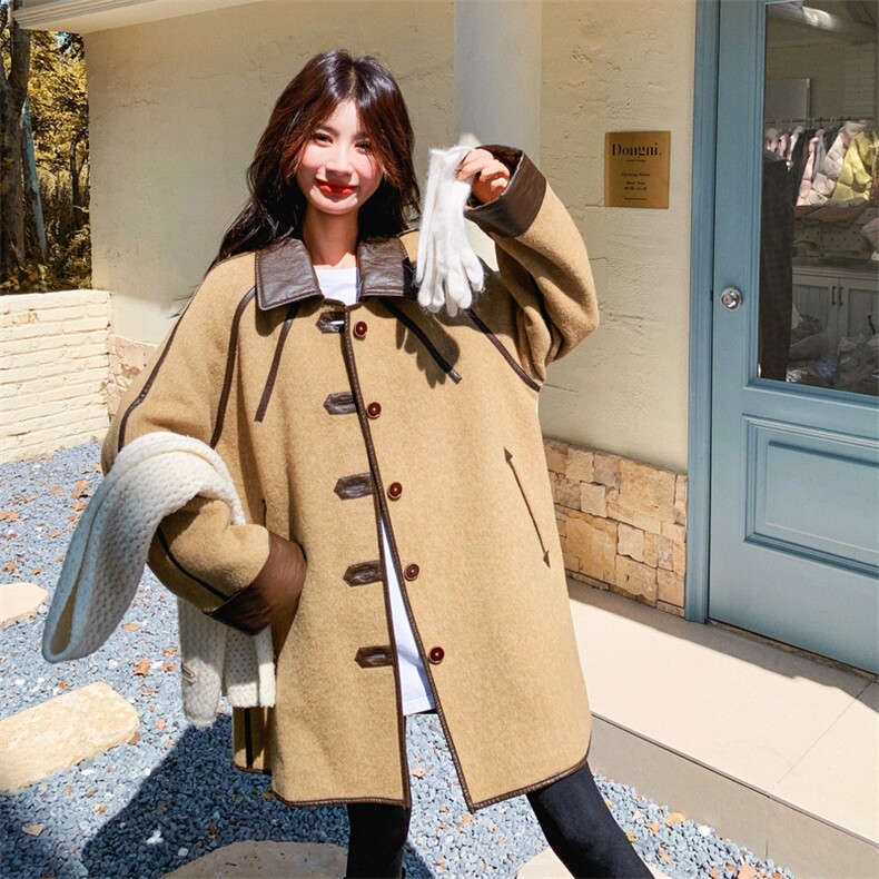 卡其色韩系慵懒风休闲毛呢外套女秋冬新款小个子加厚中长款呢大衣,女装毛呢外套,2B187