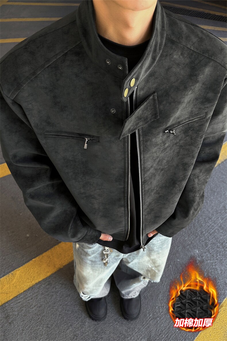 扎染正肩PU皮衣原版美式加棉夹克外套男J5238J加棉-特批90控158,男装夹克,电商A001-1