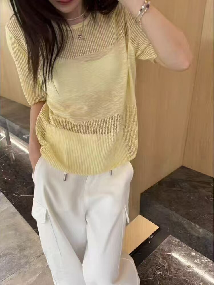 2025夏季新款韩版时尚百搭镂空短袖针织衫女宽松显瘦薄款t恤上衣,女装防晒衣,业大羊绒