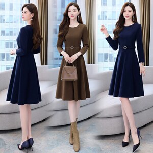 2021冬季新款时尚气质有女人味的拉毛呢料连衣裙,女装连衣裙,魅丽静蓝