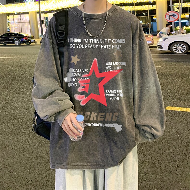 直播品质重磅纯棉美式蜡染水洗做旧潮牌宽松长袖t恤CT363特P38,男装T恤,电商A486