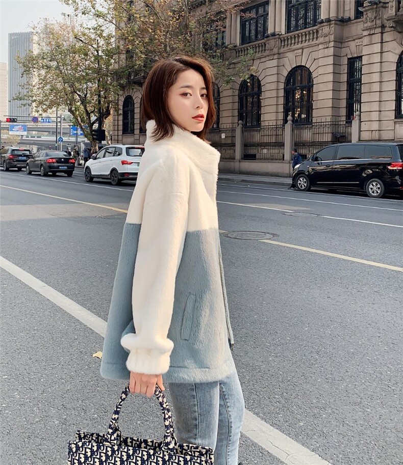 冬装蓝白拼色貂绒休闲外套，其它，水锦红