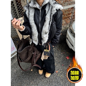 现货高品质美式高街重磅狼王座山雕毛毛领假两件棉衣加厚棉服外套图片