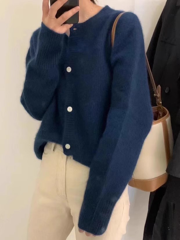 韩版高端山羊绒开衫女圆领毛衣秋冬加厚宽松慵懒纯色羊毛针织外套,女装羊毛衫,隆格羊绒