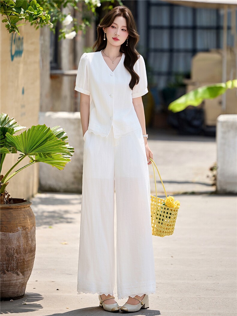 巨好看松弛感棉麻V领女夏2026夏新款高腰阔腿裤套装减龄女两件套,女装套装/套裙,意芙