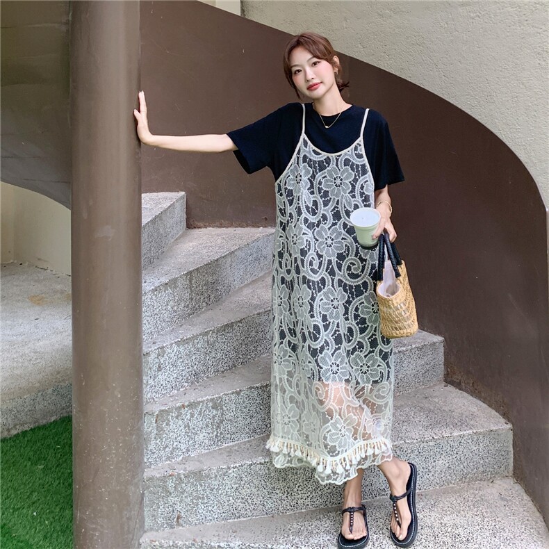 吊带蕾丝罩衫叠穿T恤裙套装女2025夏季新款设计感宽松显瘦连衣裙,女装套装/套裙,2C203