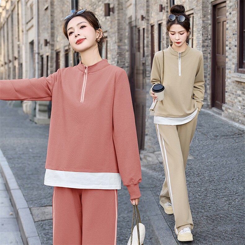 休闲运动套装女士2025春秋新款宽松时尚洋气拼接卫衣阔腿裤两件套,女装套装/套裙,凝聚力