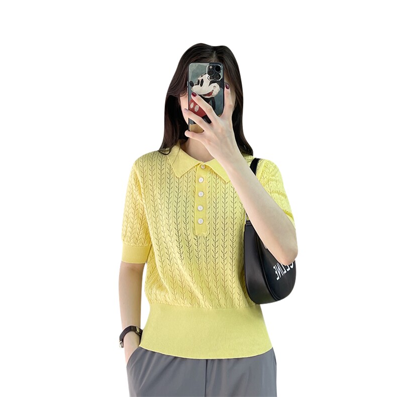 2023法式气质POLO领针织衫女夏季新款百搭钩花纯棉线短袖女韩版,针织衫/毛衣,鹏源羊绒
