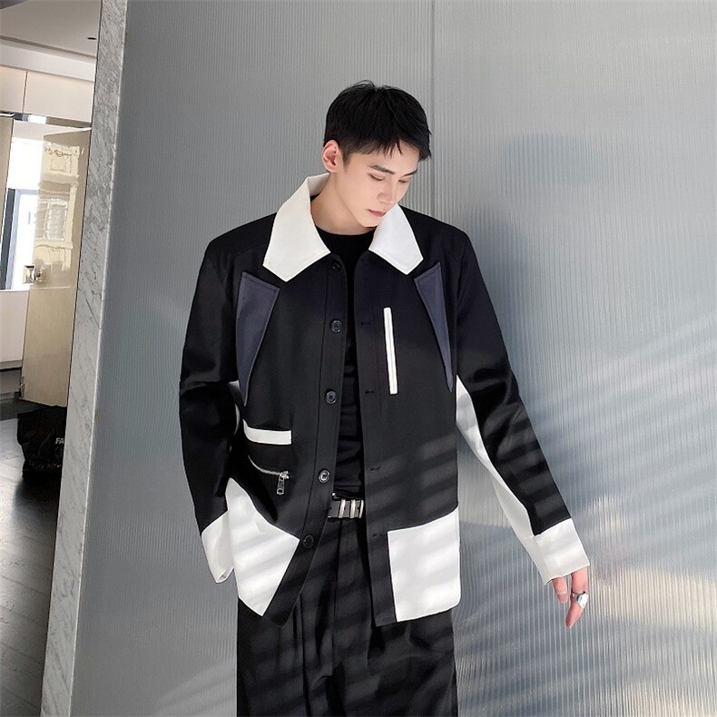 新款撞色男夹克翻领男夹克韩版潮流宽松休闲外套男144P135图片