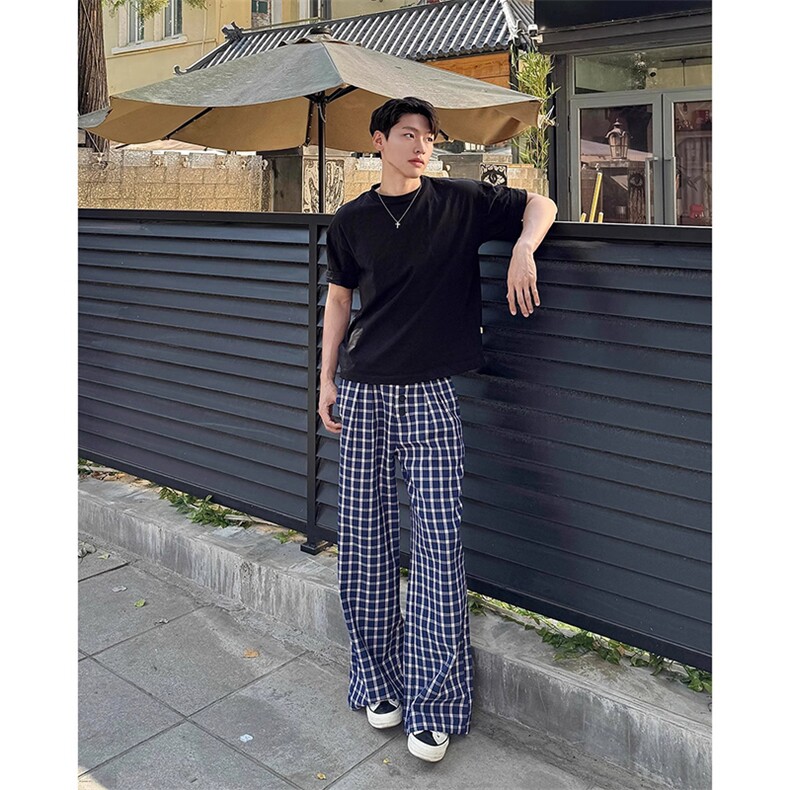 美式高街潮牌男女泡泡格子休闲裤直筒宽松慵懒显瘦阔腿休闲长裤子，男装休闲裤，电商A443