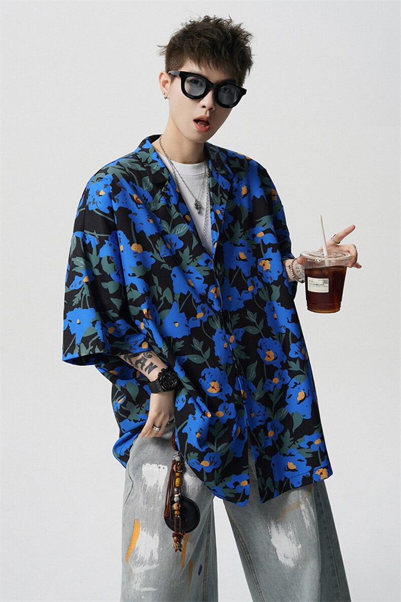 8XL-M冰丝凉感衬衣垂感透气复古花纹宽松男五分袖短袖衬衫CS526,男装衬衫,电商D206-1
