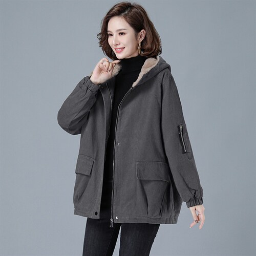 加绒加厚派克服女冬季2025新款宽松休闲连帽棉衣中年妈妈棉袄外套，女装棉衣/棉服，秋牧寒烟