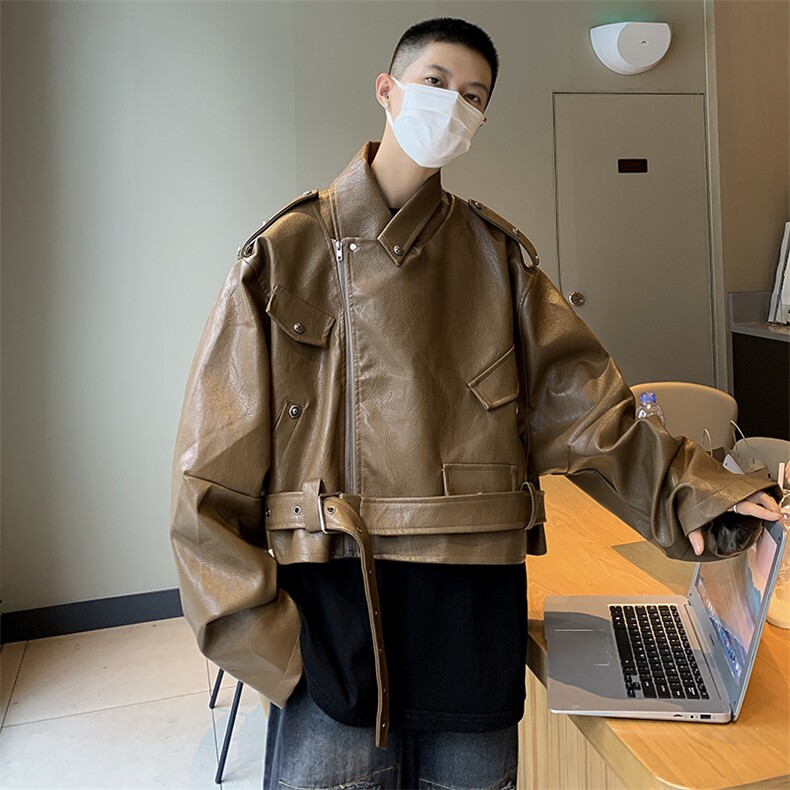 重工秋款男皮衣休闲短款夹克工装皮带机车铆钉休闲外套JK150 P100图片