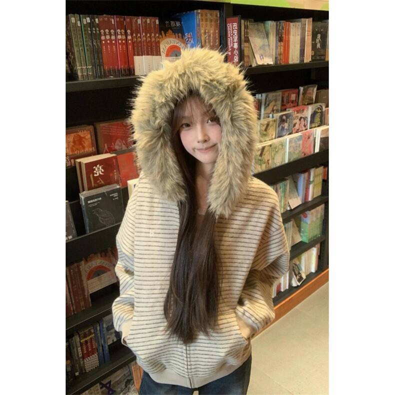 美式2025早秋新款毛领条纹拉链开衫连帽卫衣男女外套，女装短外套，四季星座505