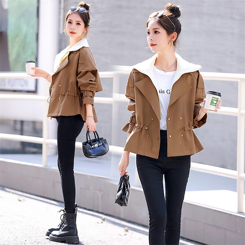 2024年春装新款撞色双领双排扣风衣休闲外套气质小个子风衣外套，女装风衣，奕薇雅