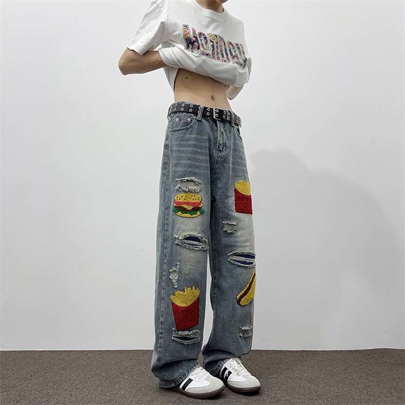 美式复古薯条破洞牛仔裤宽松直筒水洗秋季休闲街头长裤男女,男装牛仔裤,星座410-6（原星座1304-1）