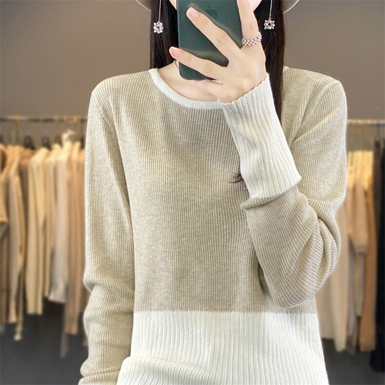 秋冬新款圆领拼色长袖针织毛衣女复古修身坑条内搭毛衫上衣打底衫,女装羊毛衫,宛庄羊绒