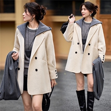 2025年冬季中长款羊毛呢子大衣拼色可脱卸连帽双面羊绒毛呢外套，女装双面呢大衣，简韵佳