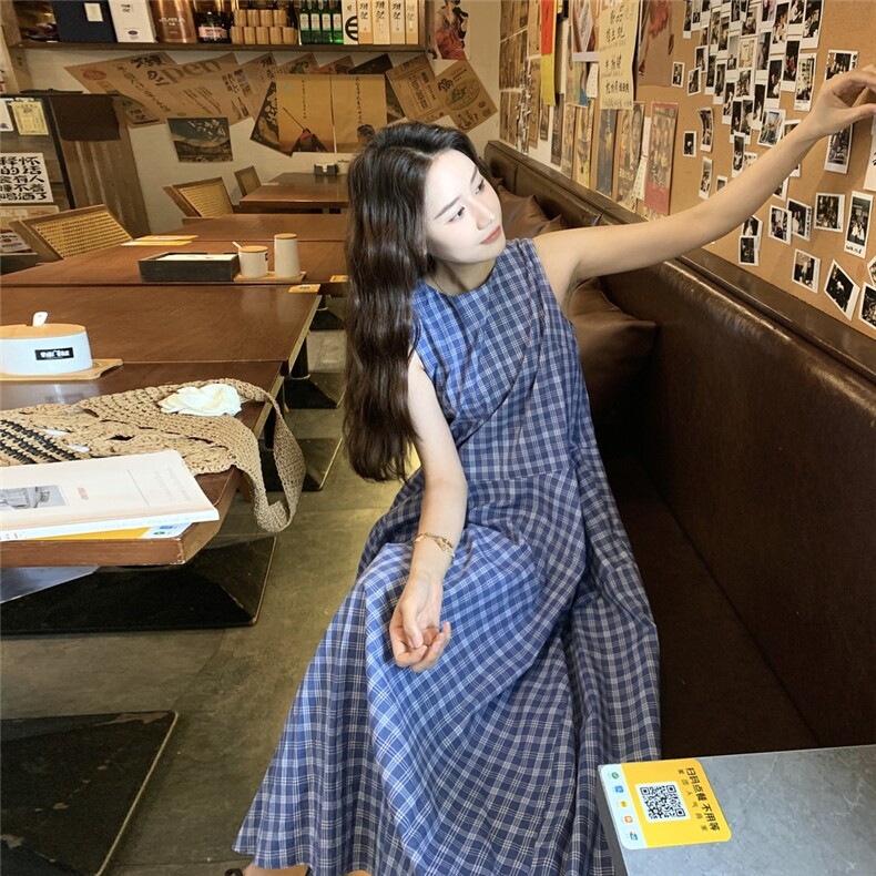 蓝色格子无袖连衣裙女2025夏季新款韩系氛围感宽松显瘦超好看长裙,女装连衣裙,2C159