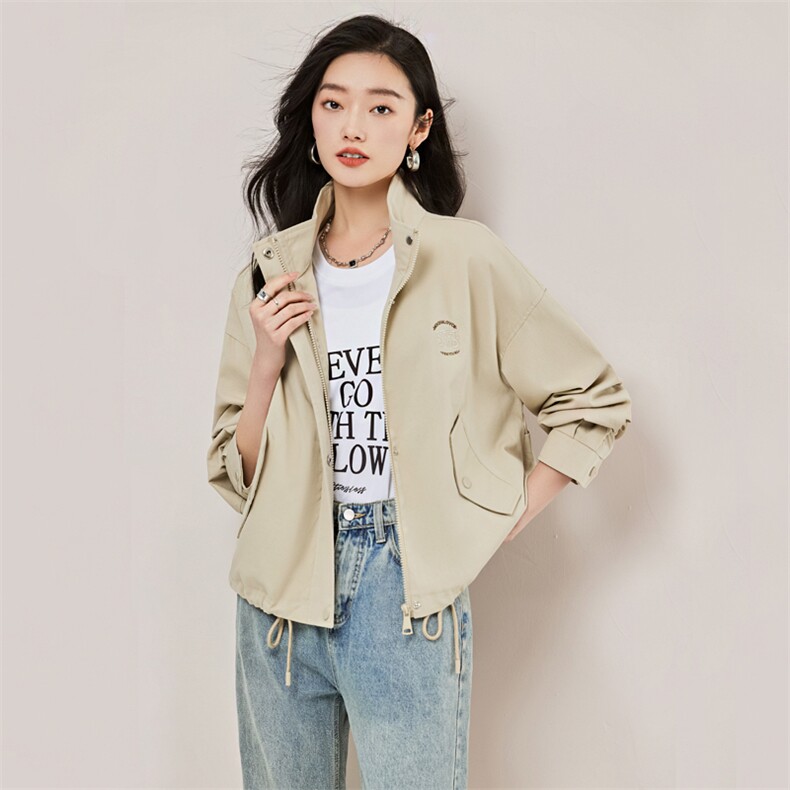 短款外套女2023年春季新款韩版宽松百搭插肩袖立领风衣夹克上衣,女装短外套,辉之琳