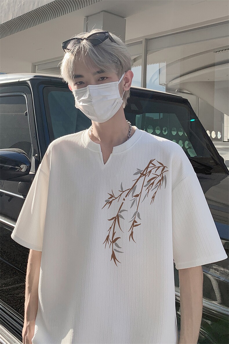 风抖音直播得物痞帅肌理感小V领短袖T恤T7520P25控39,男装T恤,电商C408-1(原B339-1)