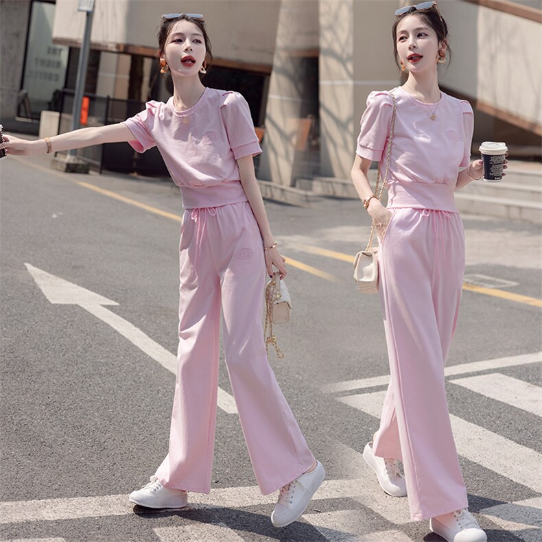 2023年新款运动套装夏季薄款休闲服时尚洋气网红炸街阔腿裤,女装套装/套裙,仟媚宠