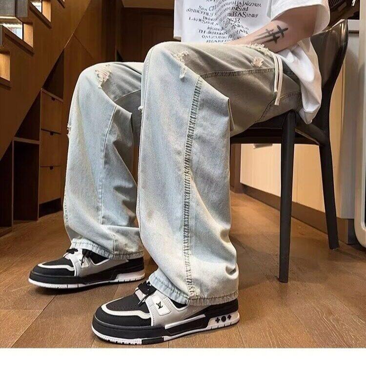 网图现货破洞牛仔裤男2025新款春秋宽松直筒阔腿痞帅RK83-P52,男装牛仔裤,星座1005-4
