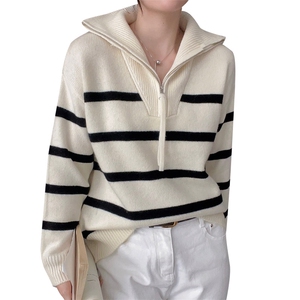 100%纯羊毛衫女半开领拉链拼色加厚毛衣宽松慵懒羊绒衫打底衫上衣图片