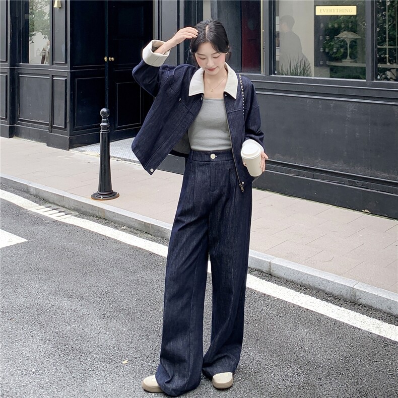 蓝色甜酷撞色小外套阔腿裤套装两件套女2025早秋季高级感时尚穿搭,女装套装/套裙,2C236