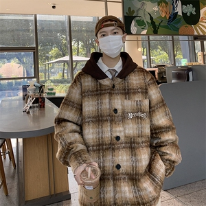 F47-P95 秋冬潮牌宽松刺绣格子连帽外套美式高级感毛呢夹克男图片