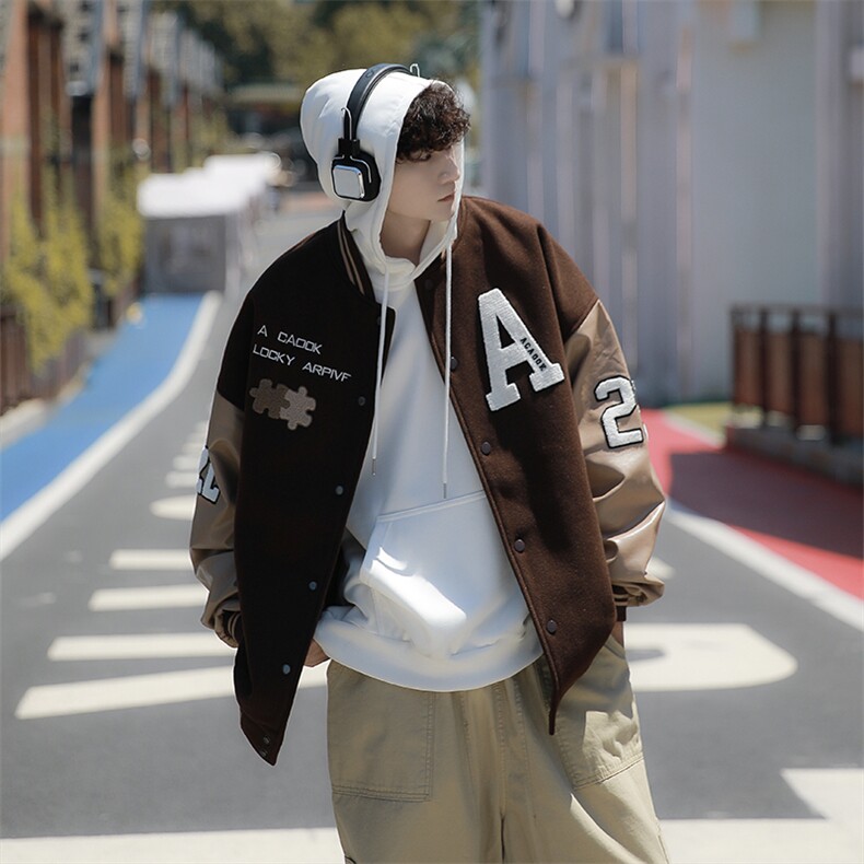 春季美式棒球服男潮咖啡色拼图皮刺绣休闲夹克外套W3781-P55,男装夹克,星座512-2